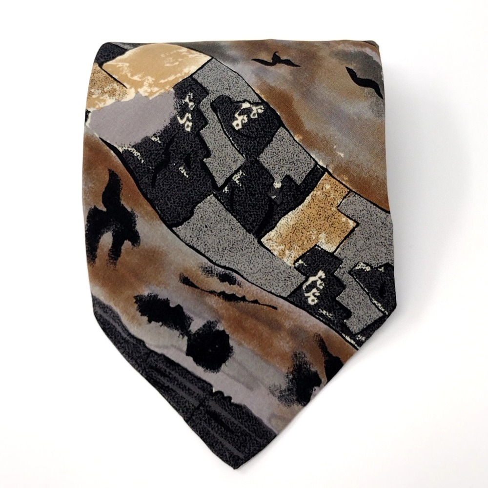 VTG 90s Options Bristol Fashions Tie Abstract Geometric Earth Tone‎ Brown Gray